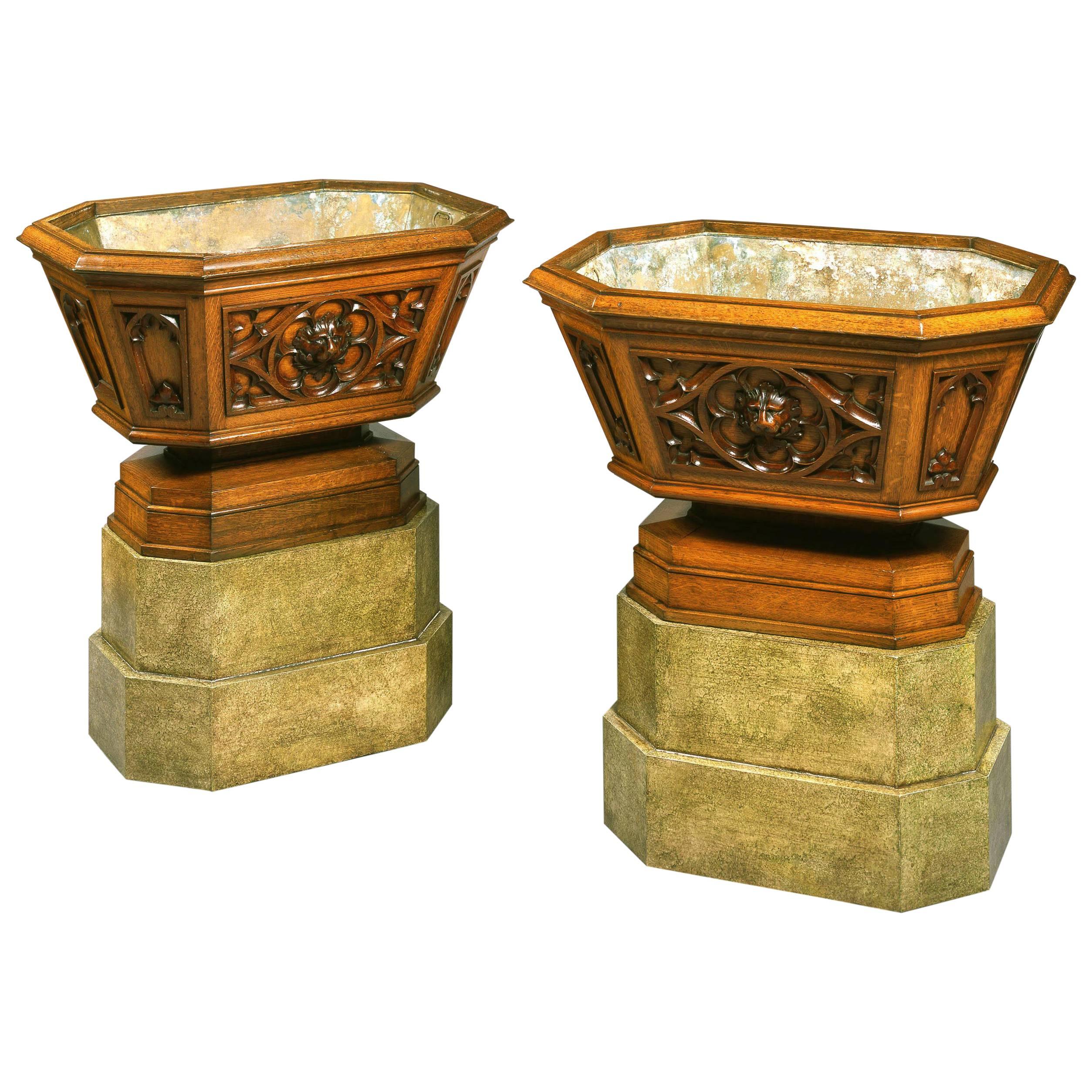 Pair of English 19th Century Oak Wine Coolers in the Gothic Style