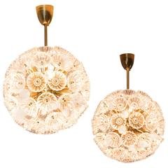 Set of Two Floral Sputniks in Brass and Structured Glass