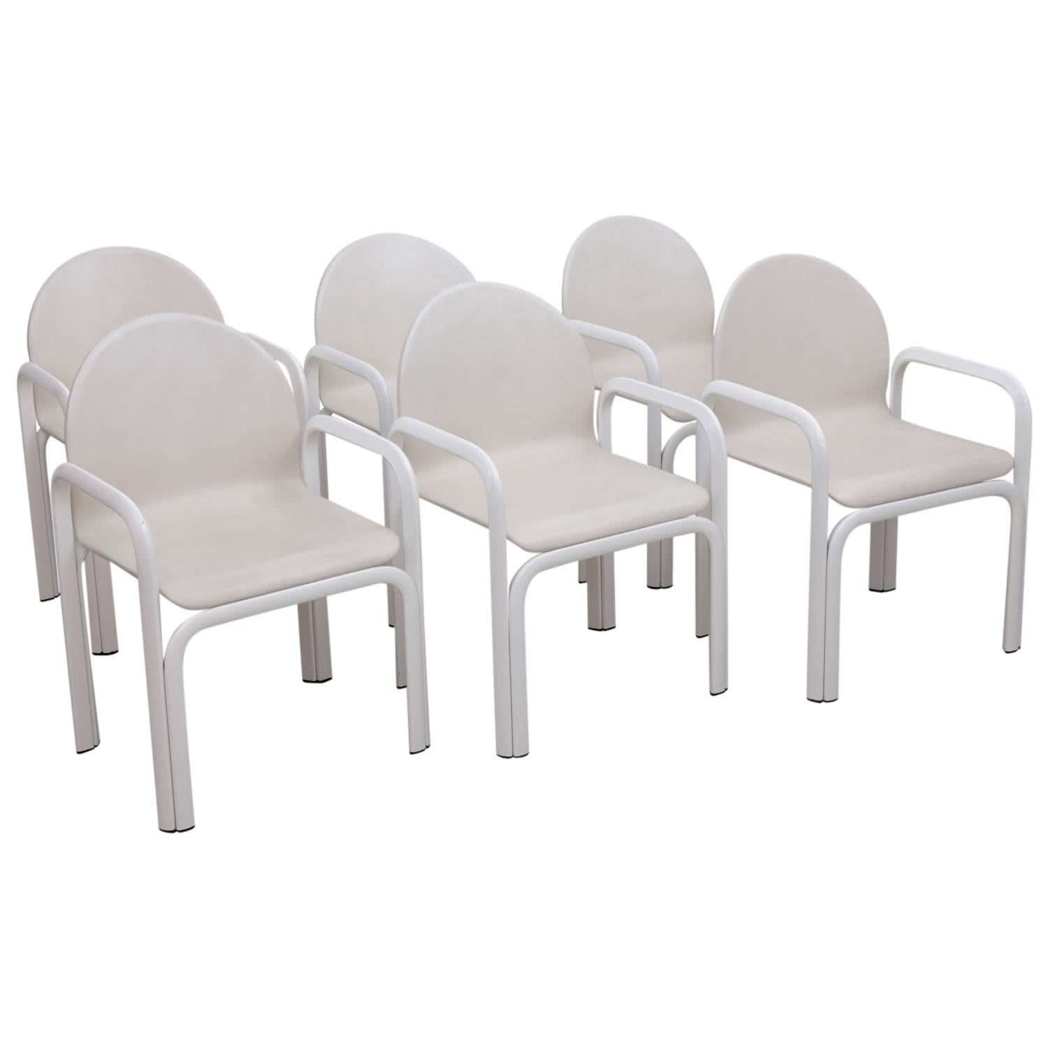 Set of Six White Gae Aulenti 54A Arm Chairs in Leather for Knoll, 1975