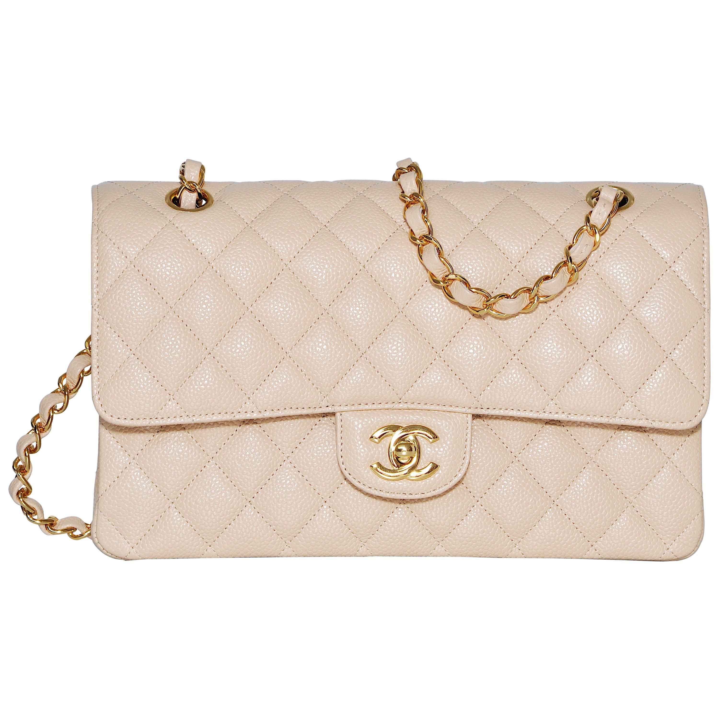 Chanel Beige Double Flap Quilted Caviar Bag Handbag Gold Hardware