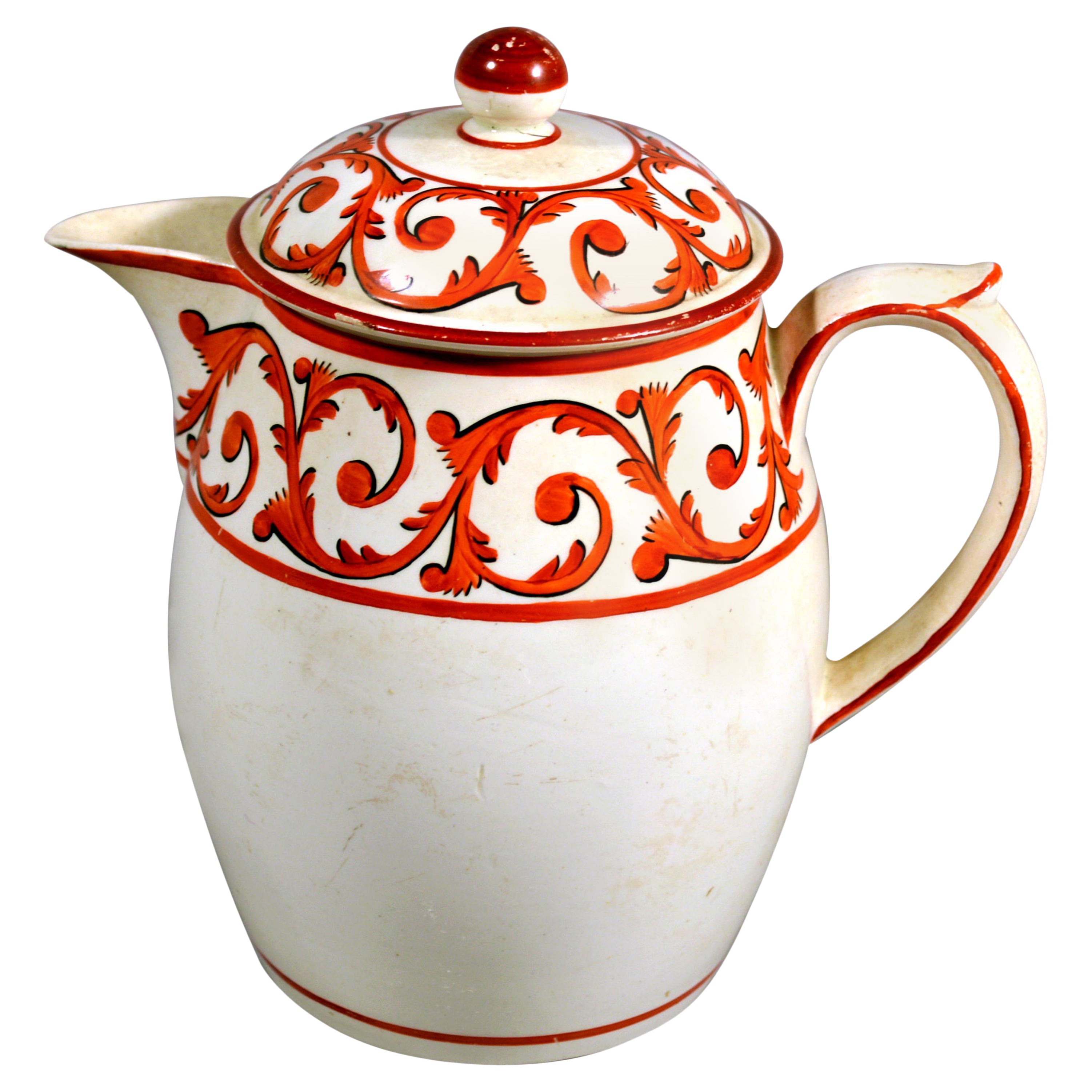English Pottery Covered Jug and Cover with Orange Foliate Scroll Designs