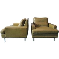 Rare Pair of Pistachio Leather Lounge Chairs, 1960-1970