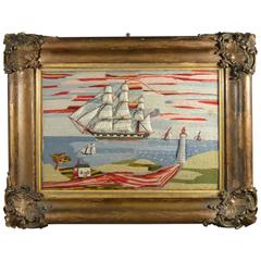 English Sailor's Trapunto Woolwork Picture of Ships off Coast with Lighthouse