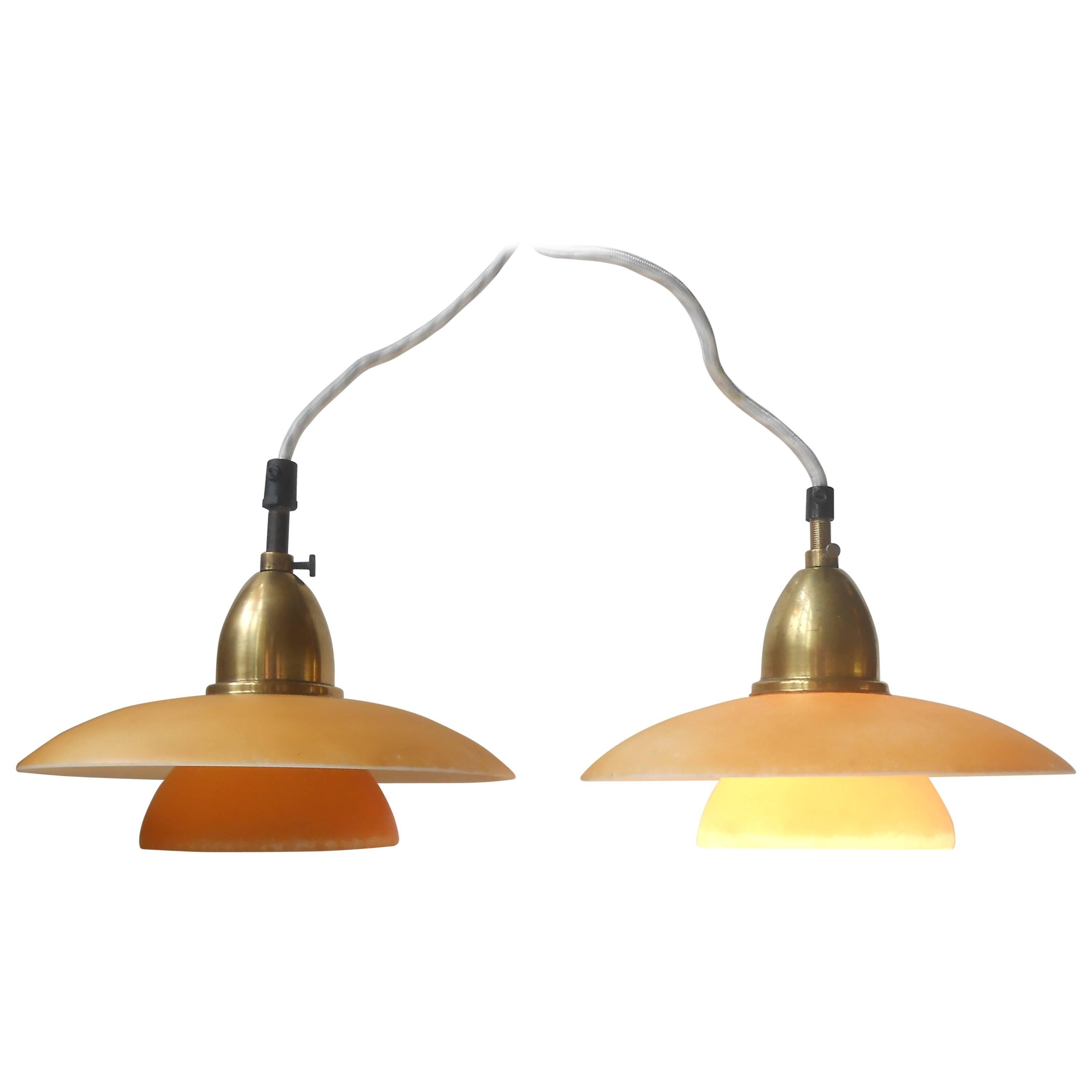 Extremely Rare Pair of 1930s Danish Lyfa Pendant Lamps in Glass & Brass PH era 