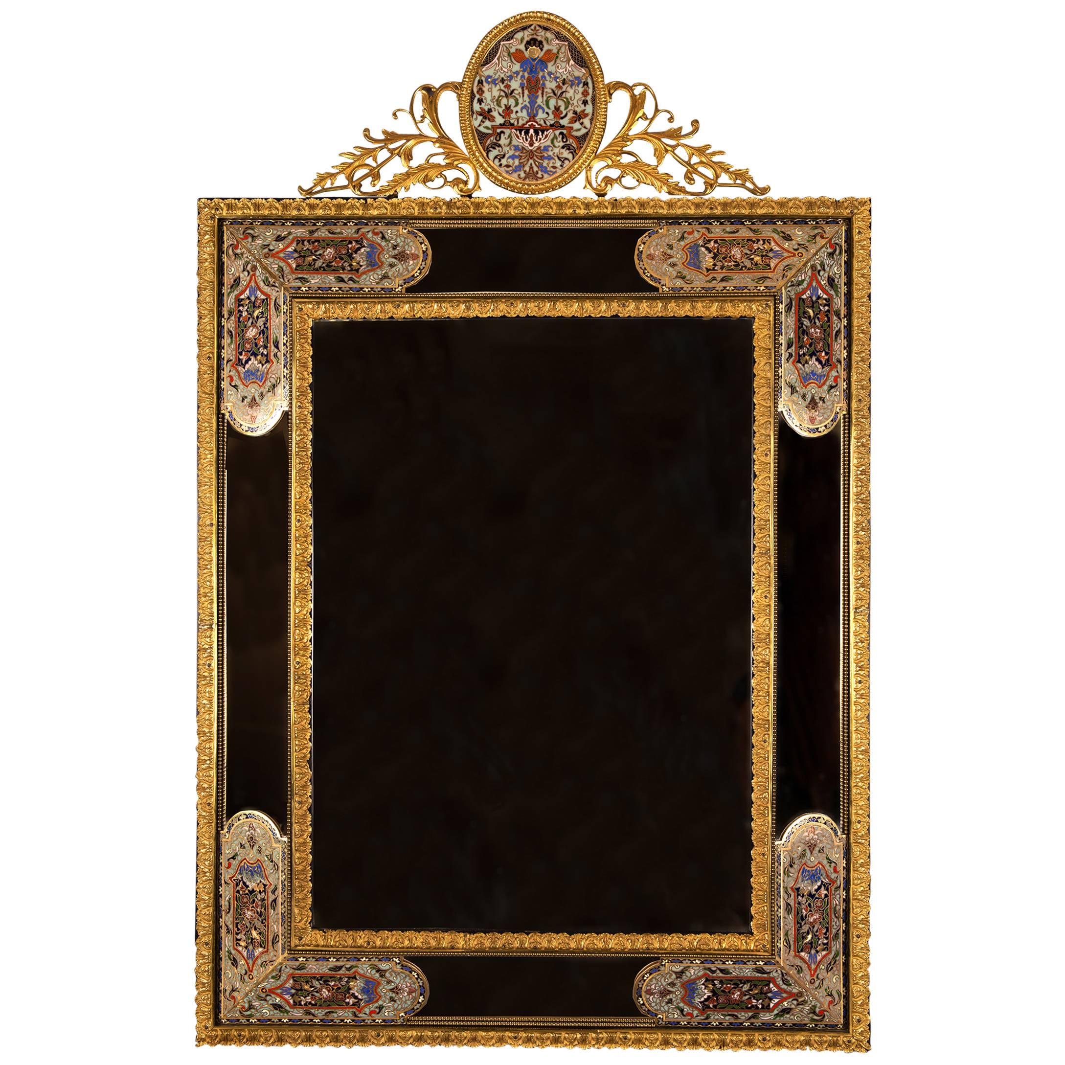  Wall Mirror with Gilt Brass Mounts and Champlevé Enamel Fields, France For Sale