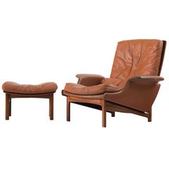 Ib Kofod-Larsen Rare Lounge Chair and Ottoman in Cognac Leather
