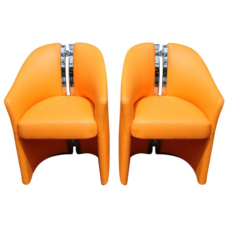 Pair of "H" Spine Back Side Chairs in Orange Leather