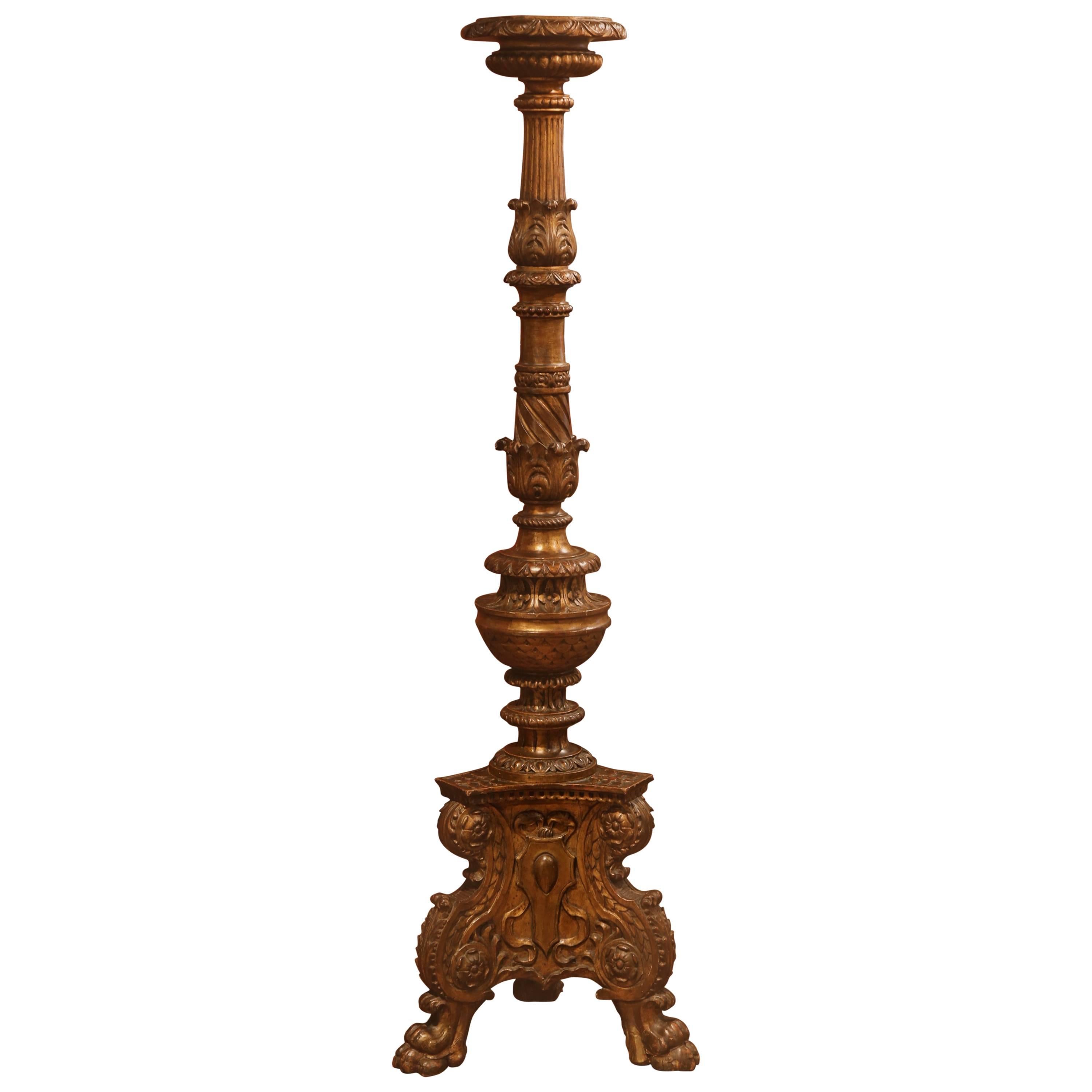 Tall 19th Century Italian Carved Giltwood Altar Candlestick