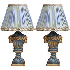 Pair of 19th Century Italian Painted Wooden Lamp Bases with Custom Silk Shades 3