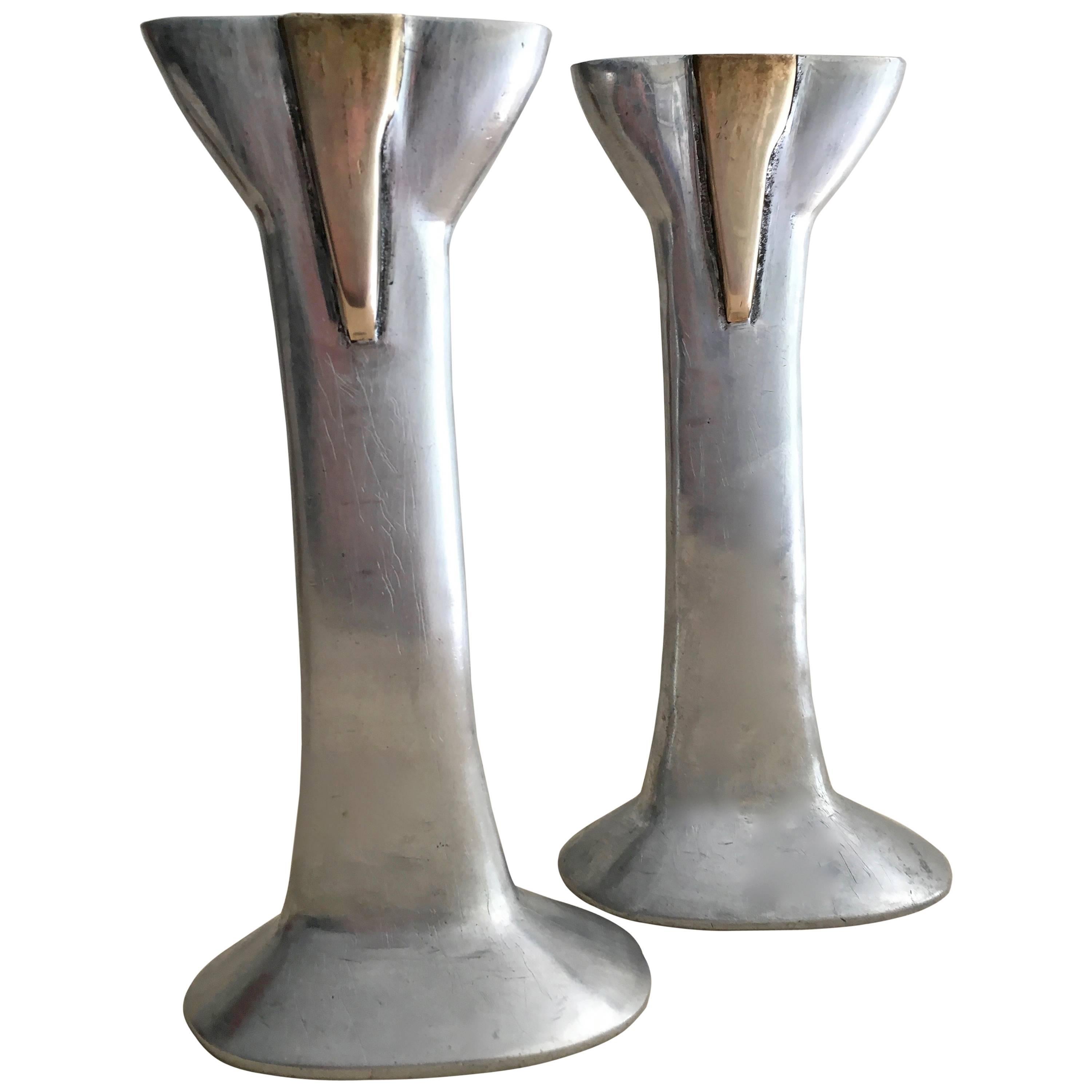 Pair of Cast Aluminium and Brass Candlesticks by David Marshall, Spain