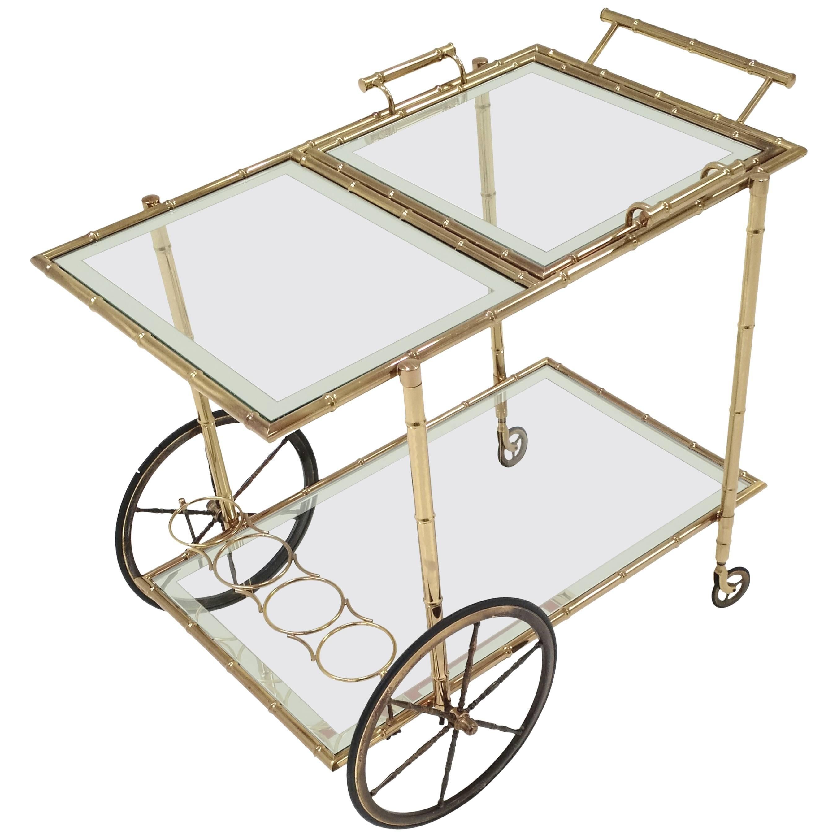Vintage Brass Faux Bamboo Bar Serving Cart with Mirror Framed Glass