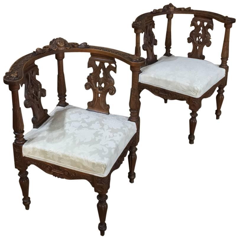 2 -19th Century Italian Renaissance Hand-Carved Walnut Upholstered Corner Chairs