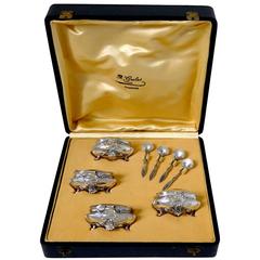 Ravinet French Sterling Silver 18-Karat Gold Four Salt Cellars, Spoons, Box