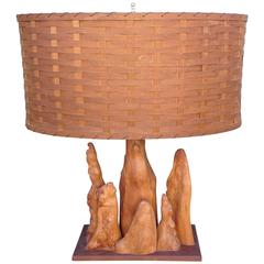 Grand Scale Cypress Knee Table Lamp with Original Split Oak Shade