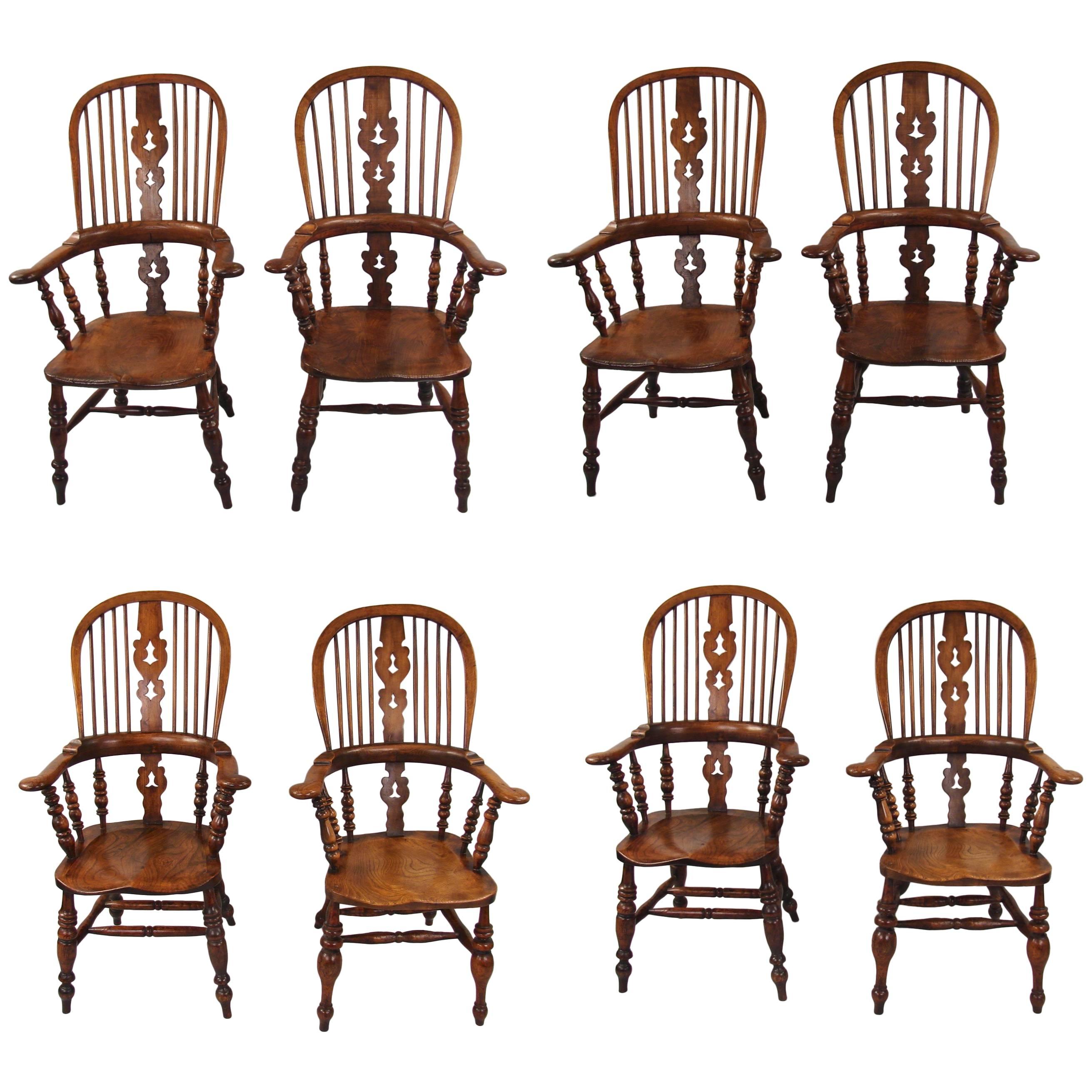 Harlequin Set of Eight Elm and Ash Broad Arm High Back Windsor Chairs