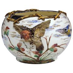 19th Century French Hand-Painted Barbotine Cache Pot with Birds, Fish, Flowers
