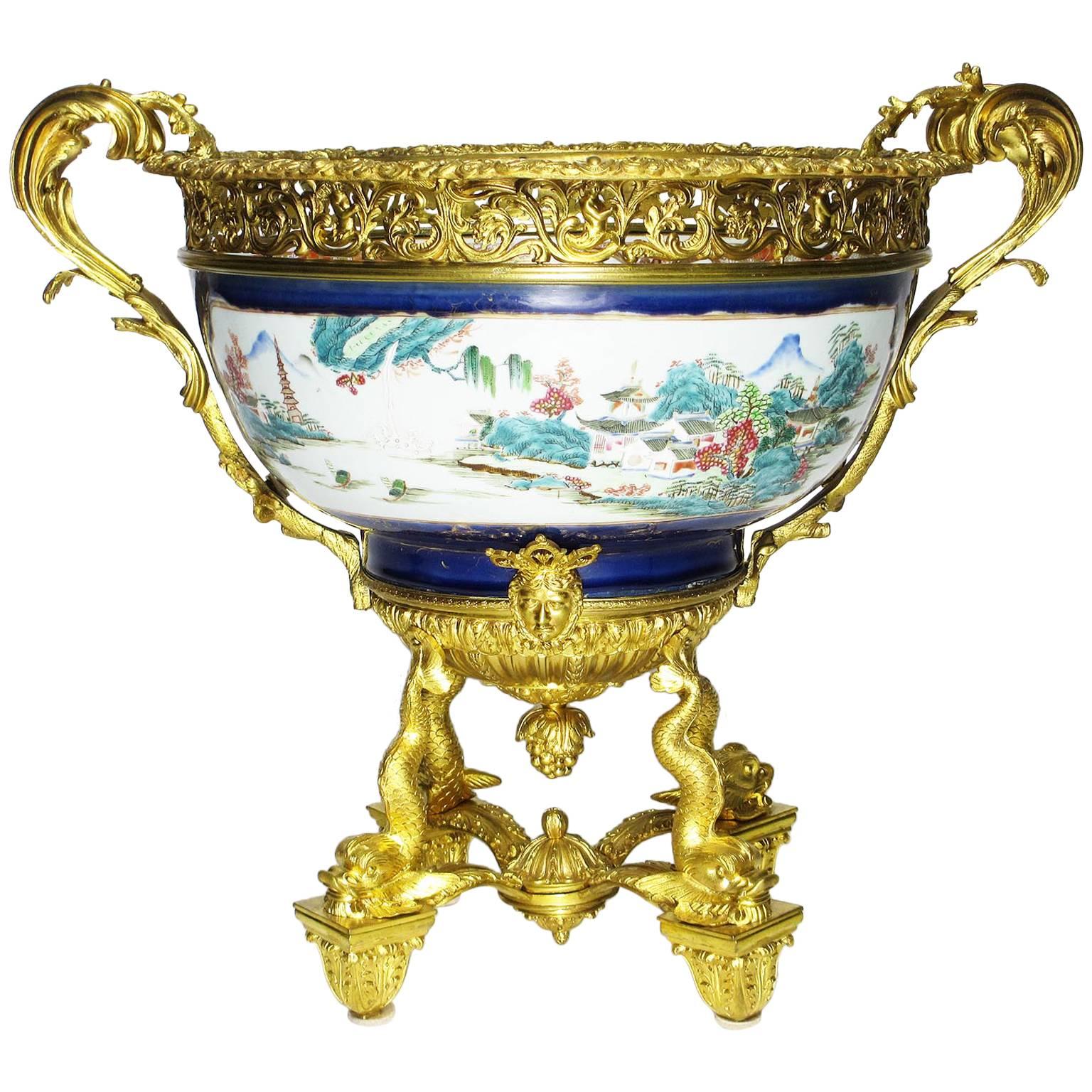 Large 19th Century Chinese Porcelain and French Figural Ormolu Centerpiece