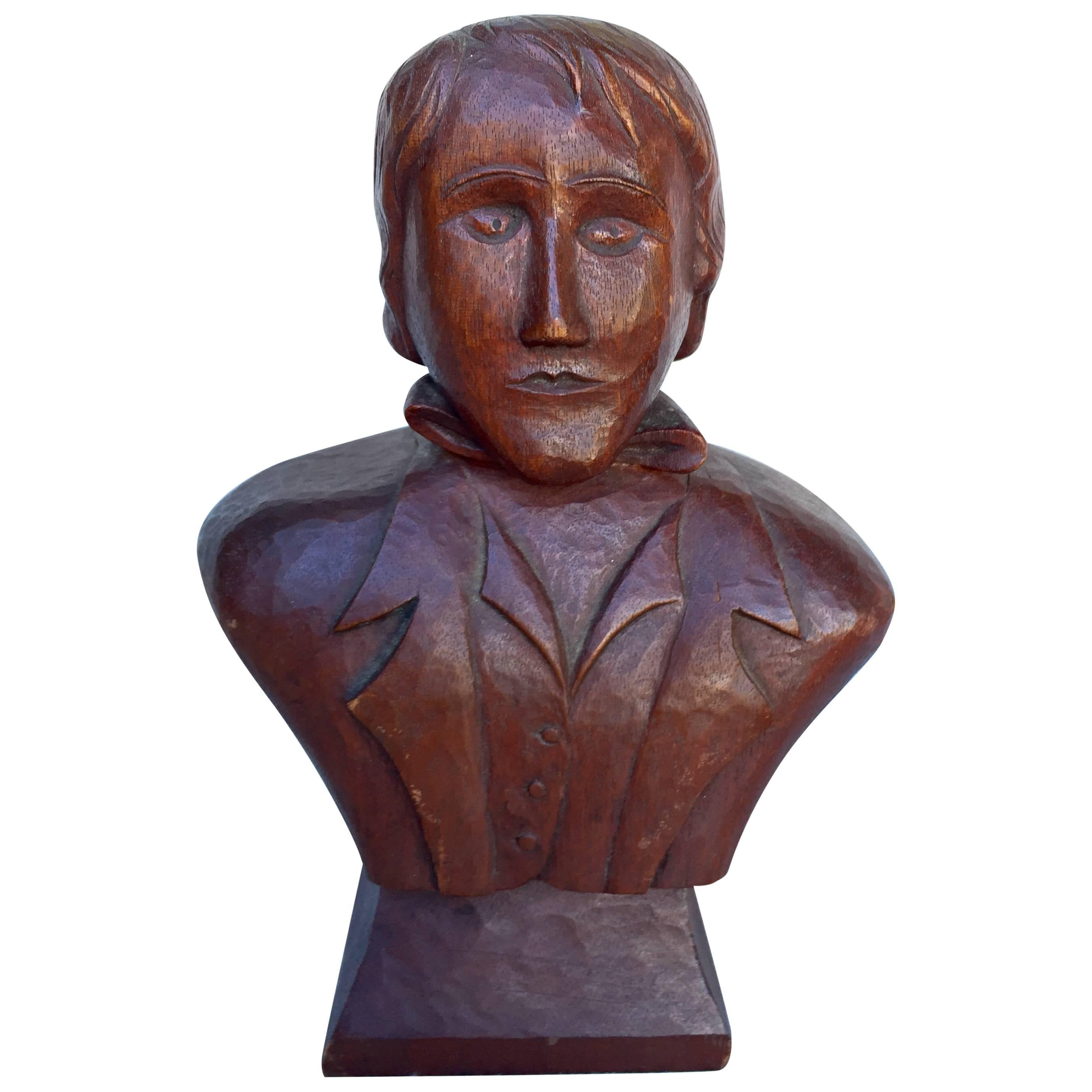 Carved Folk Art Bust of a Young Man For Sale