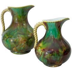 19th Century Wedgwood Majolica Rope Handled Mottled Pitchers or Jugs, a Pair