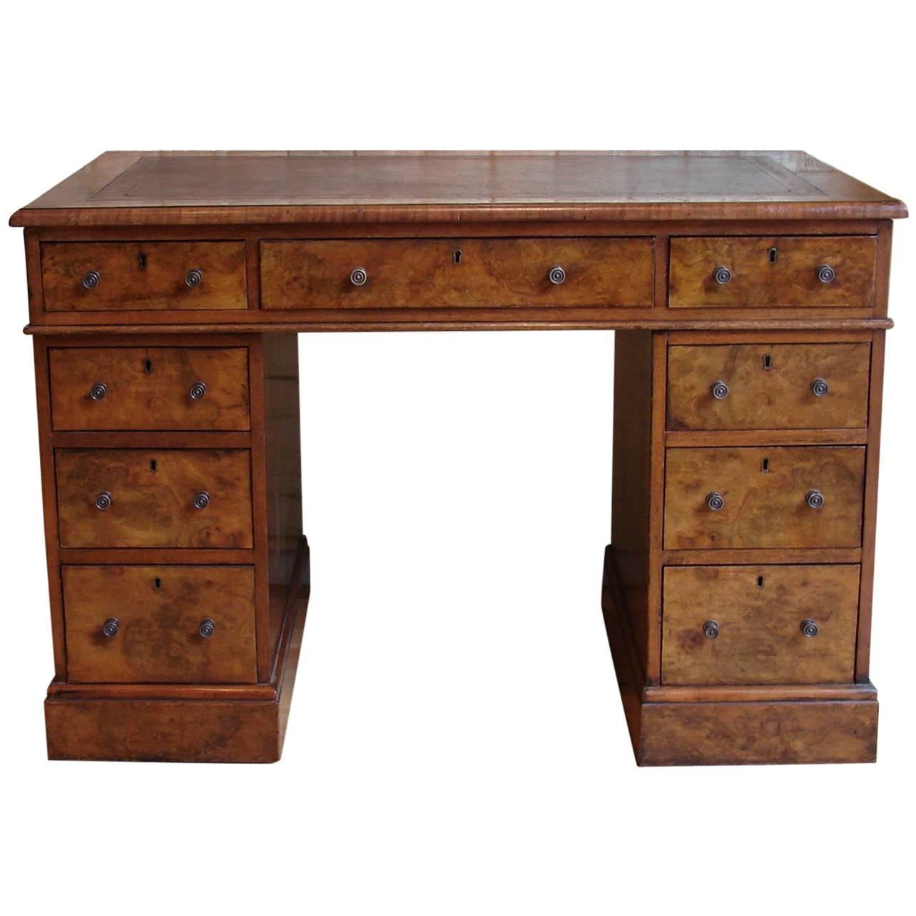 Attractive Small English Burl Walnut Pedestal Desk with Tooled Leather Top
