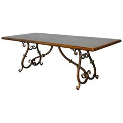 Spanish Colonial Trestle Table with Wrought Iron Scrolled Base