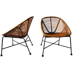 Pair of Rattan Cocktail/Lounge Chairs with Iron Legs, 1960s