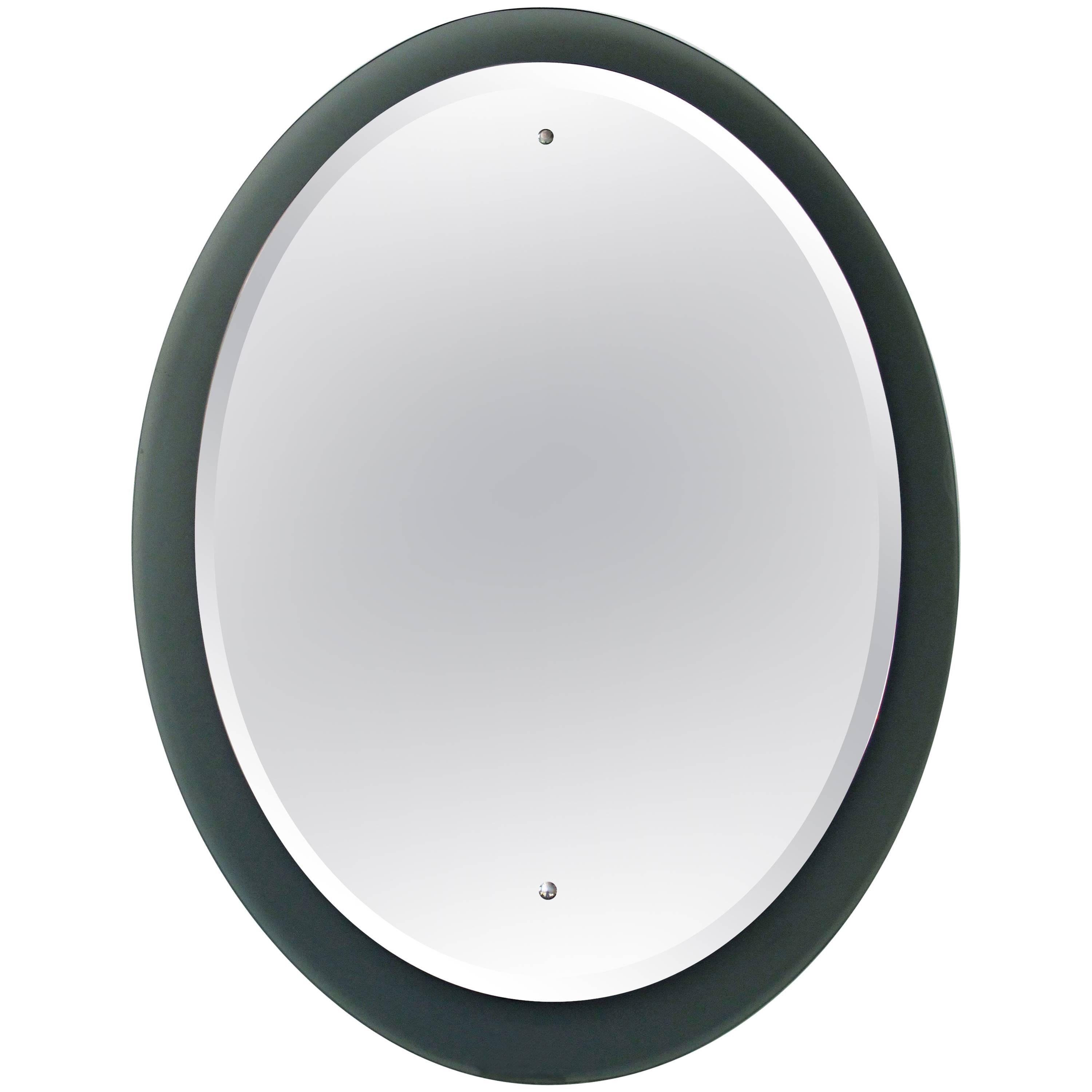 Good Quality Italian 1970s Fontana Arte Style Oval Mirror with Smoky Gray Border
