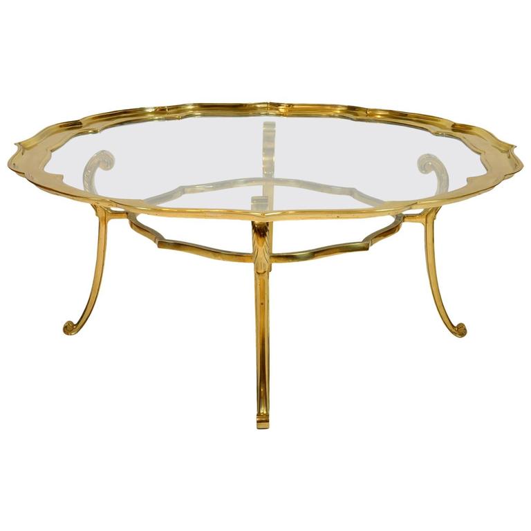 Vintage MidCentury Scalloped Glass Top Brass Coffee Table with