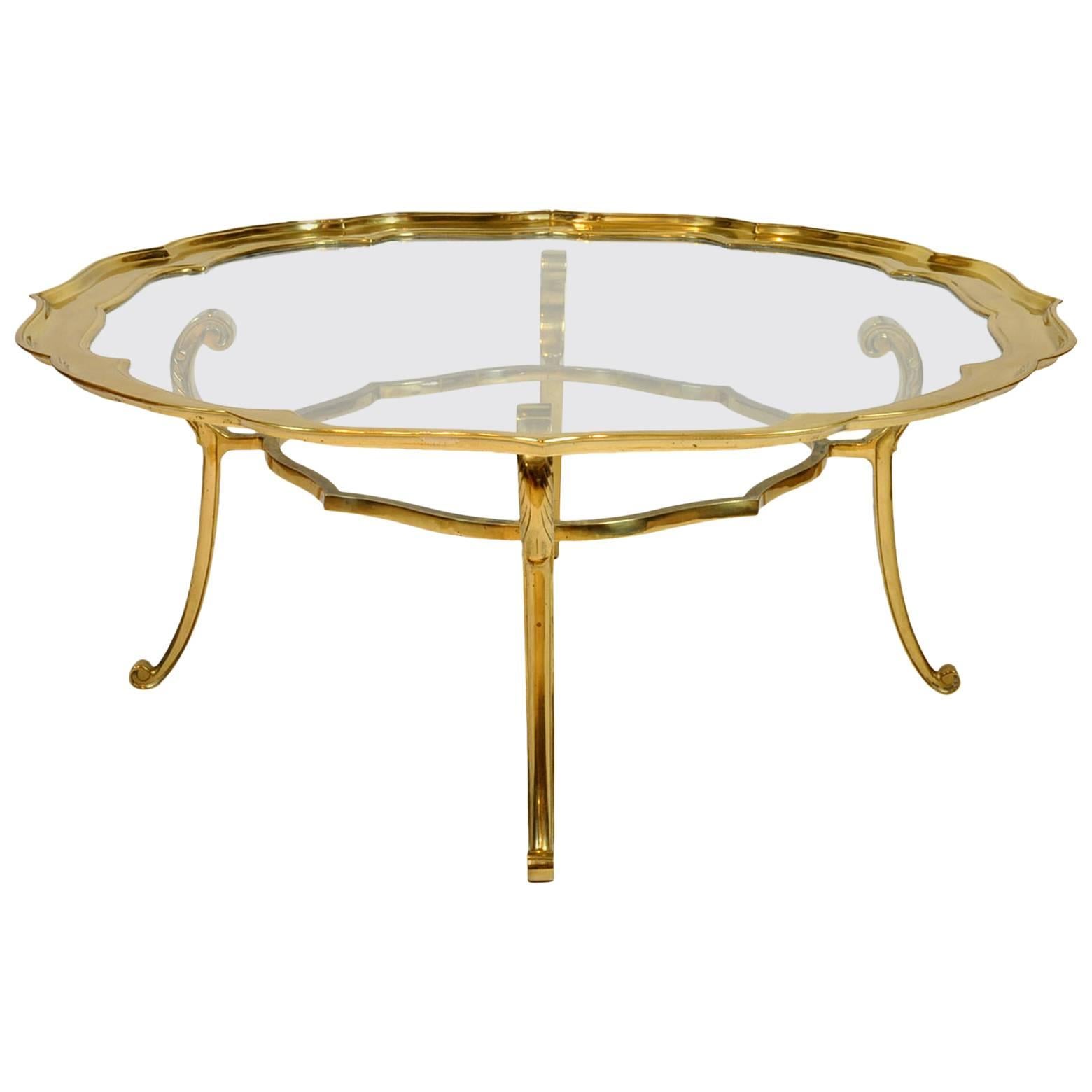 Vintage Mid-Century Scalloped Glass Top Brass Coffee Table with Scrolled Legs