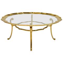 Vintage Mid-Century Scalloped Glass Top Brass Coffee Table with Scrolled Legs