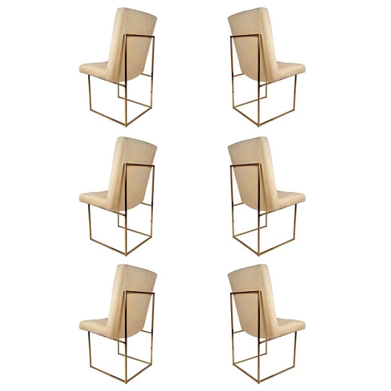 Set of Six Milo Baughman Architectural Brass Dining Chairs For Sale at