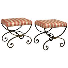 Pair of Antique Wrought Steel and Brass Benches