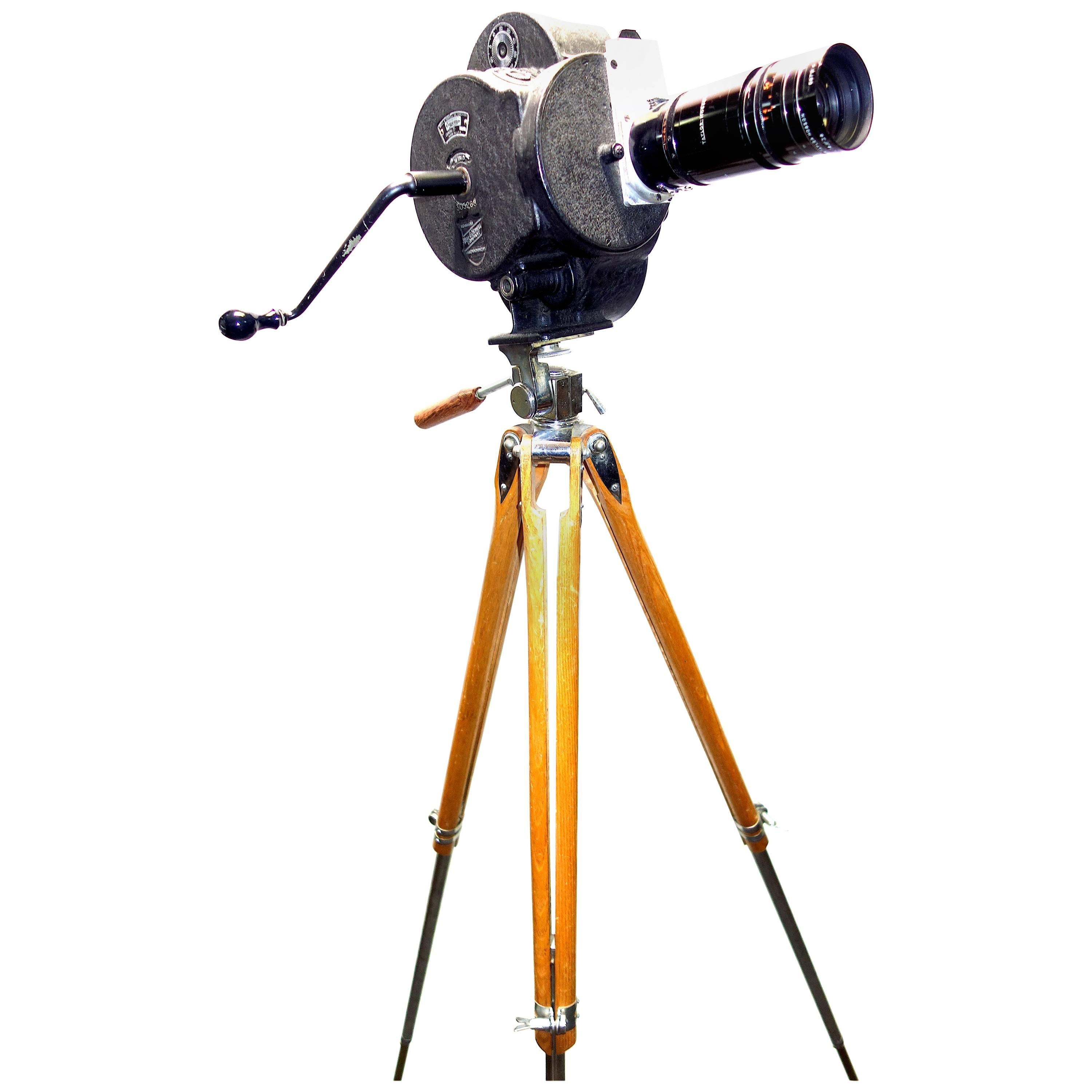 Movie 35mm Camera HandCrank Winder with Wood Tripod, Vintage, circa 1931 For Sale