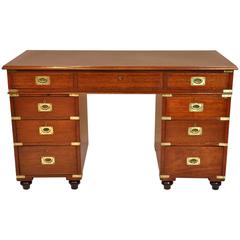 English Campaign Pedestal Kneehole Desk with Leather Top