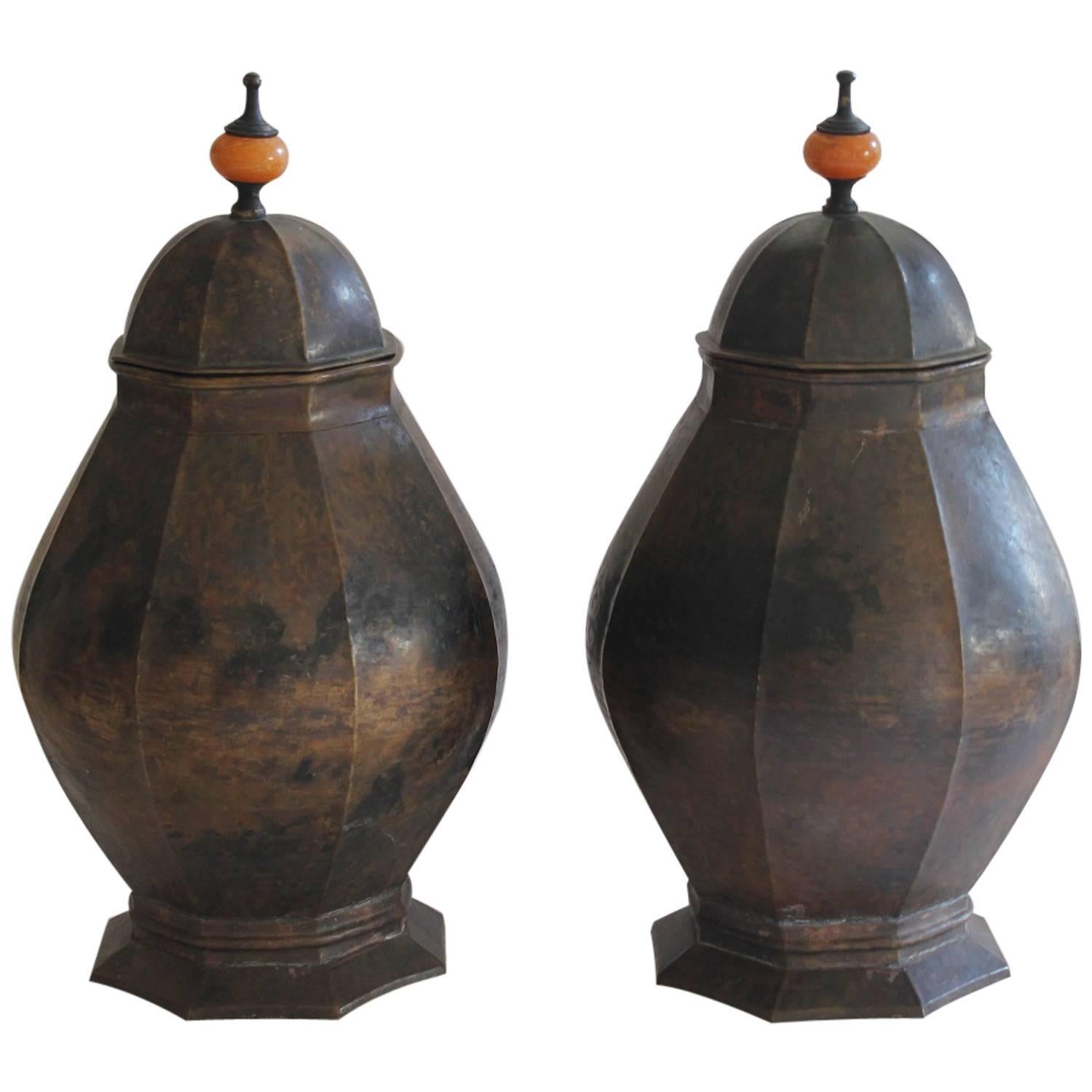 Large Maitland Smith Style Hand-Hammered Copper Urns