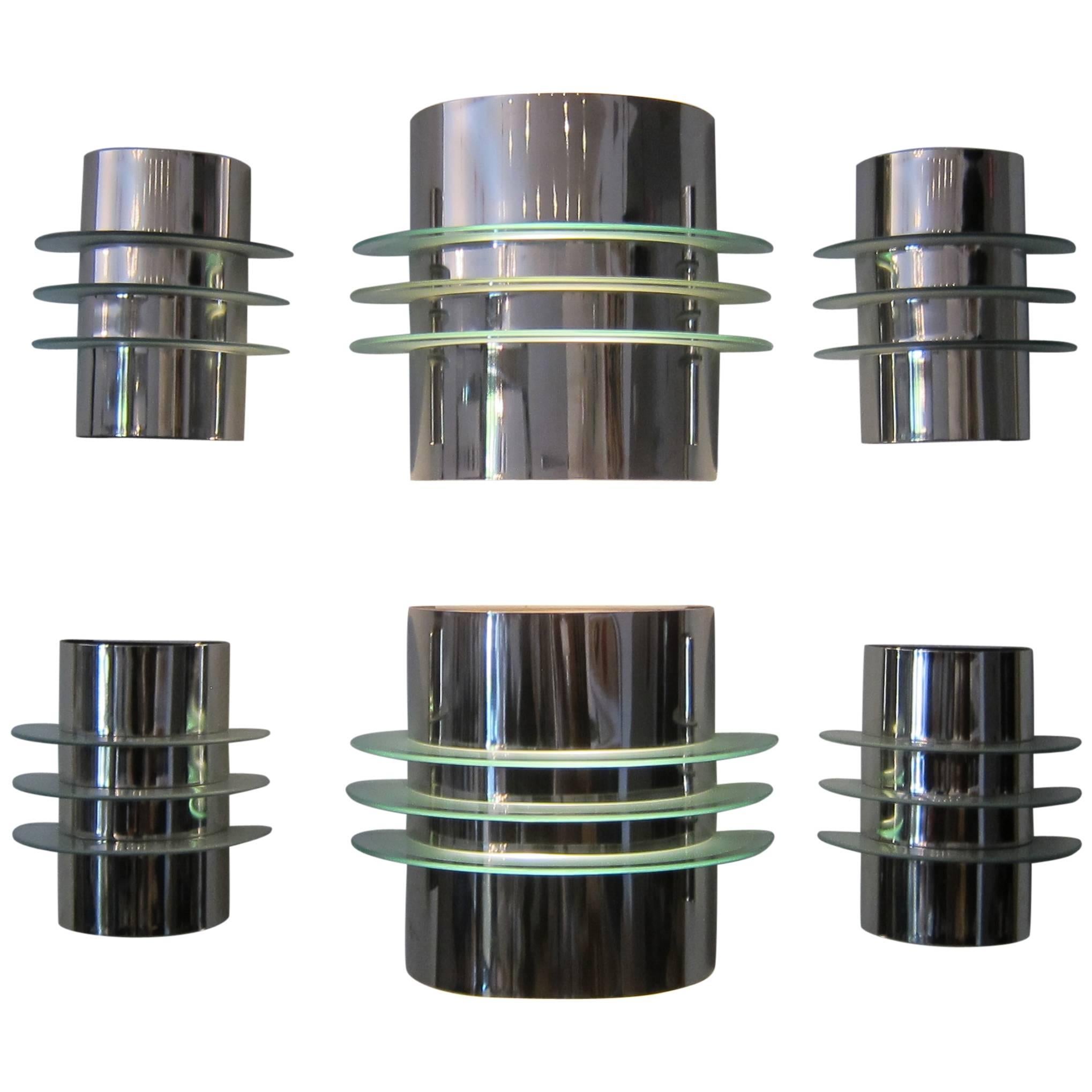  Group of Six Art Deco style Chrome and Glass Wall Lights.