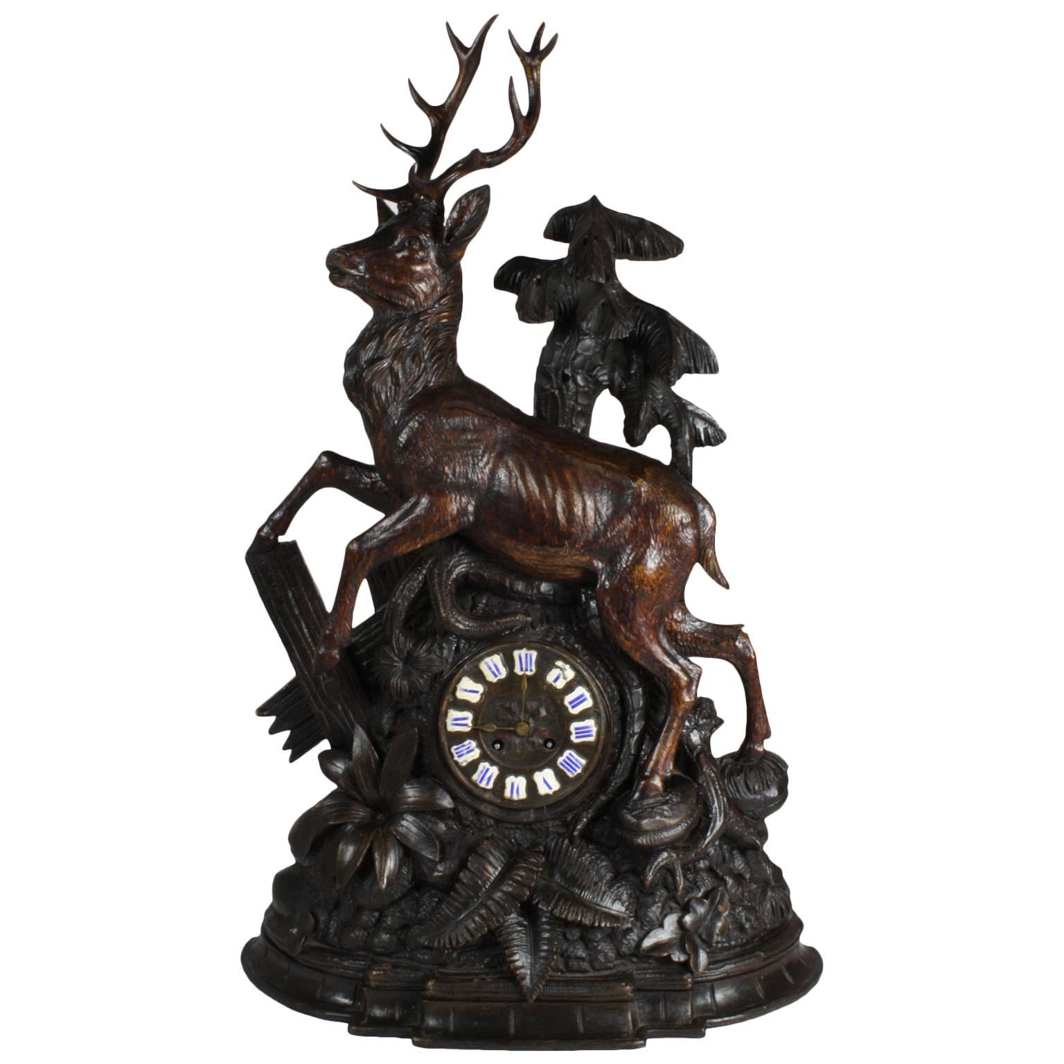 Late 19th Century Black Forest Stag Mantel Clock