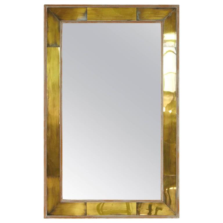 Modern Wall Mirror With Lacquered Brass Inlays And White Washed Wood Modern Wall Mirror With Lacquered Brass Inlays And White Washed Wood Frame For