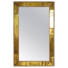 Modern Wall Mirror with Lacquered Brass Inlays and White Washed Wood Frame