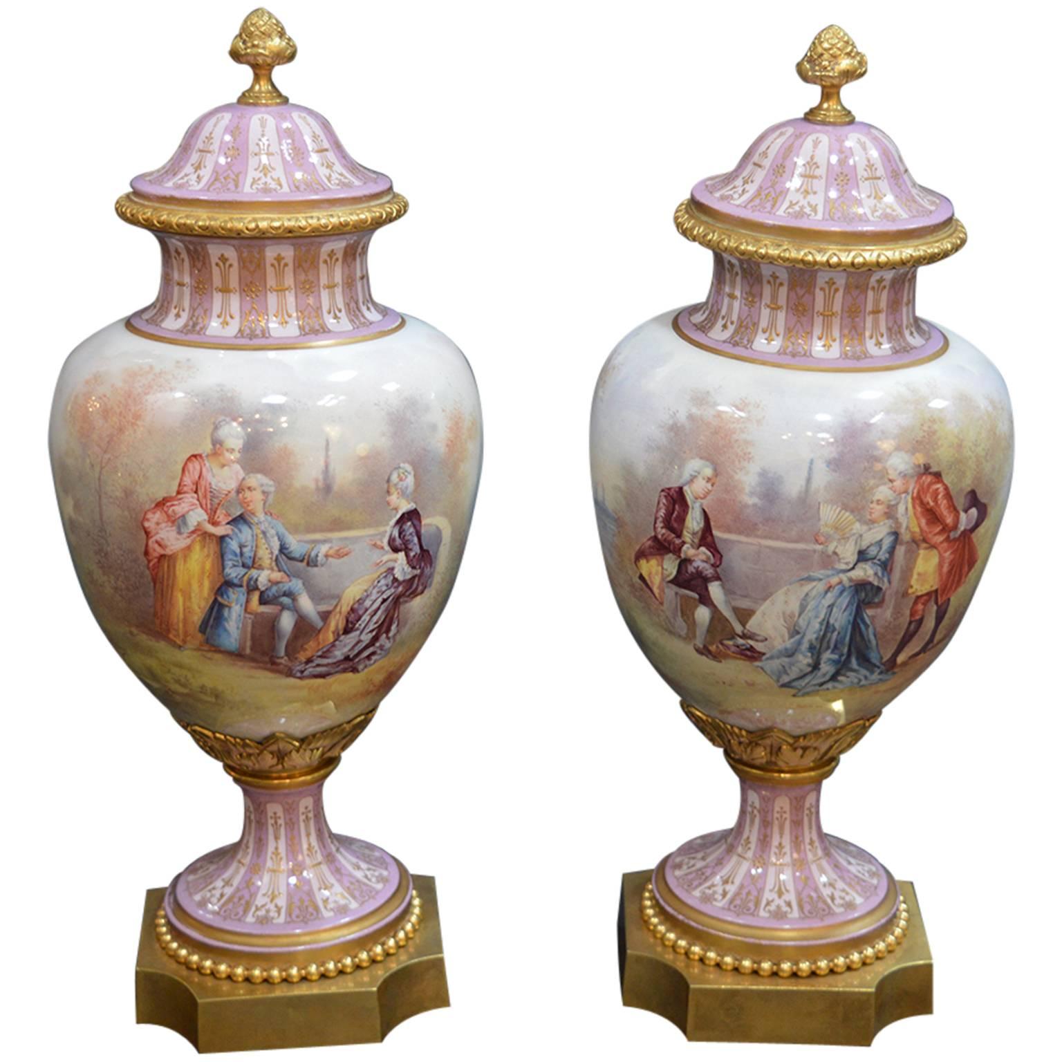 Pair of 19th Century Sevres Covered Urns