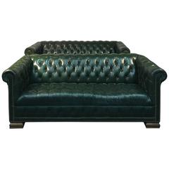 Rare Pair of Vintage Chesterfield Sofas in Hunter Green with Nailhead Detail