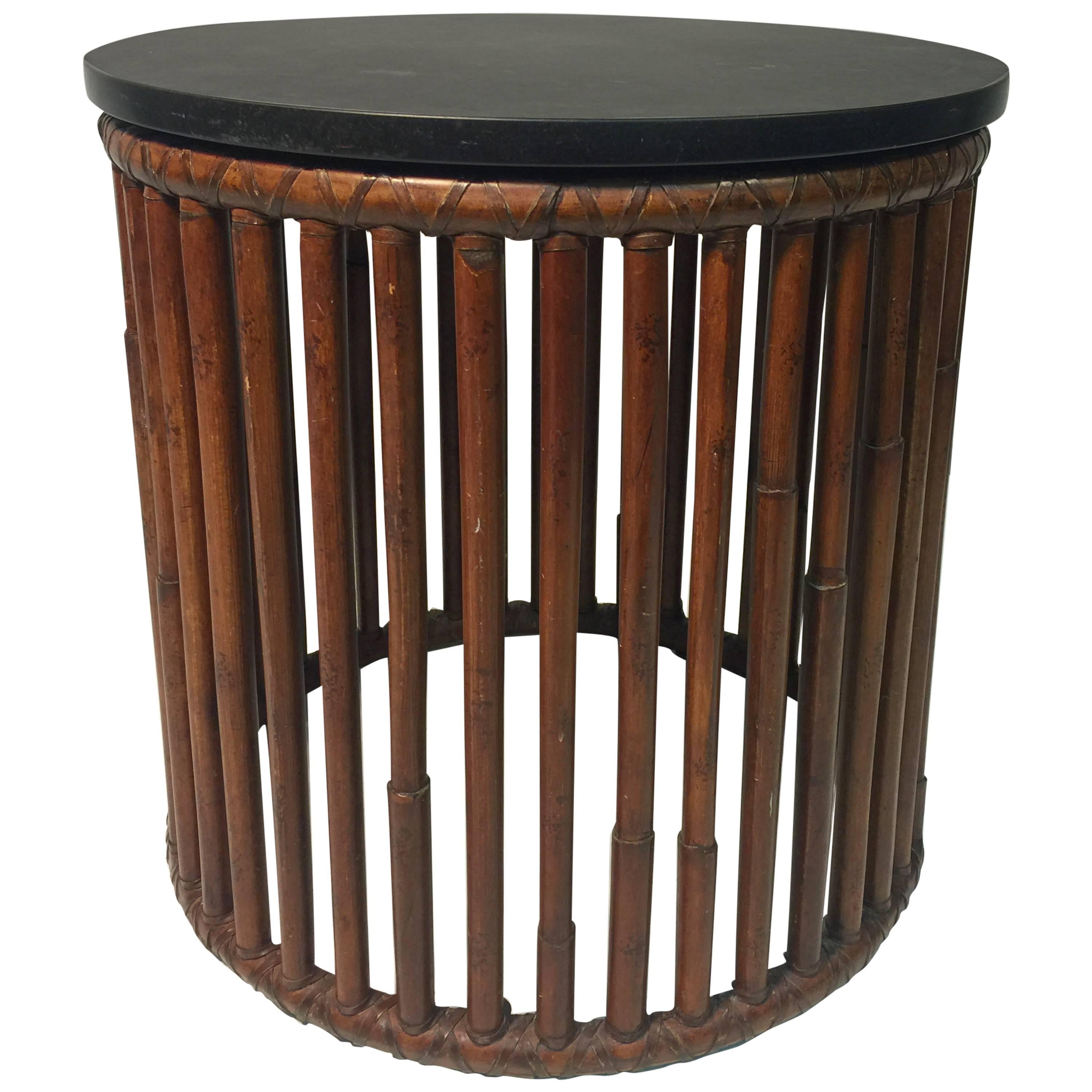 Beautiful Bamboo Drum Table with Granite Top by McGuire For Sale