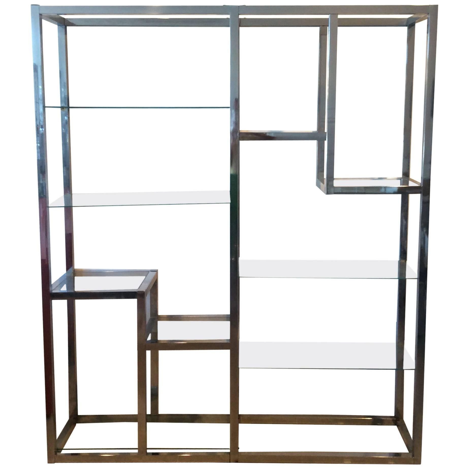 Chrome Etagere Vintage Display Shelves Ten-Shelf Glass Hollywood Regency