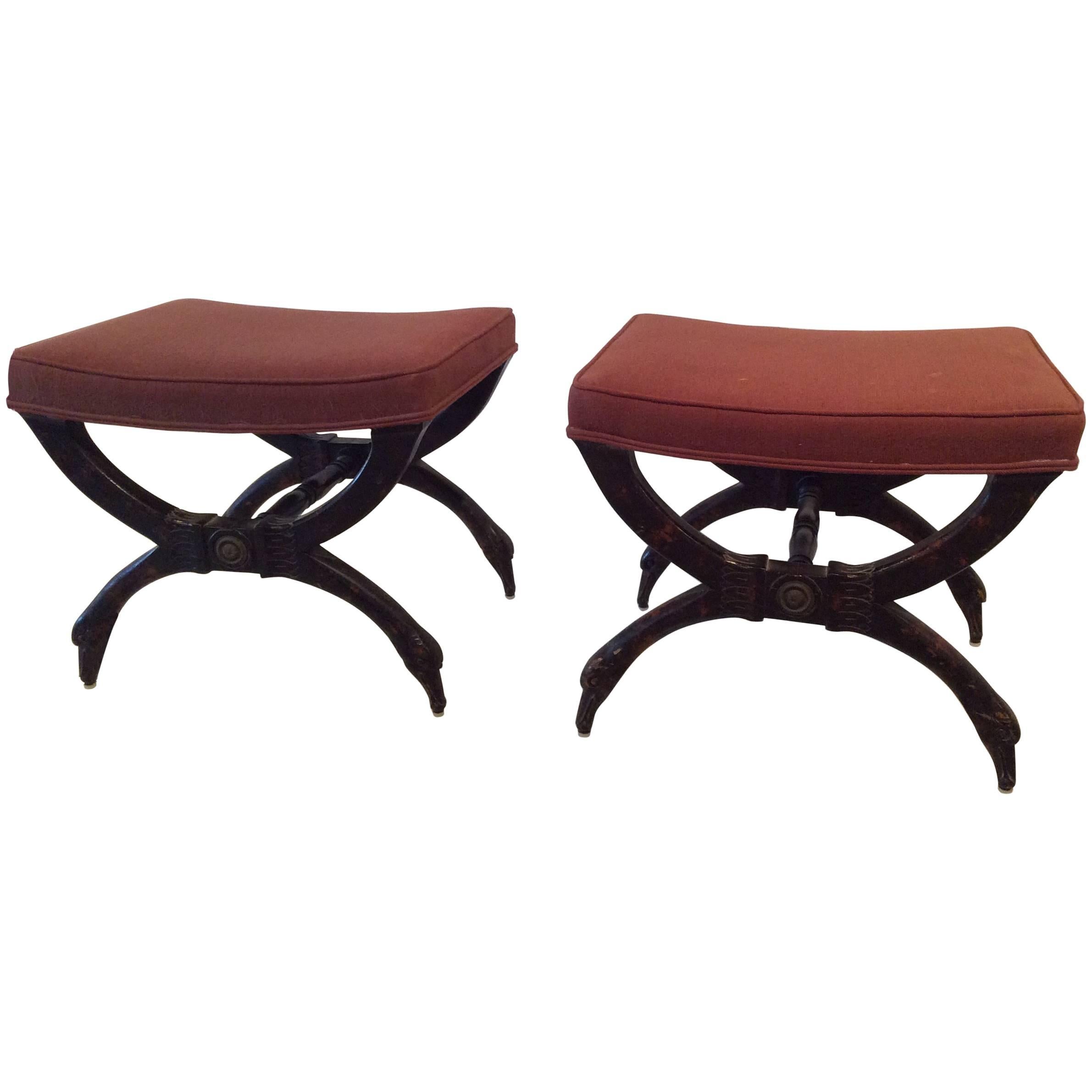Wood Swan Pair of x Benches Stools Vintage Hollywood Regency Palm Beach