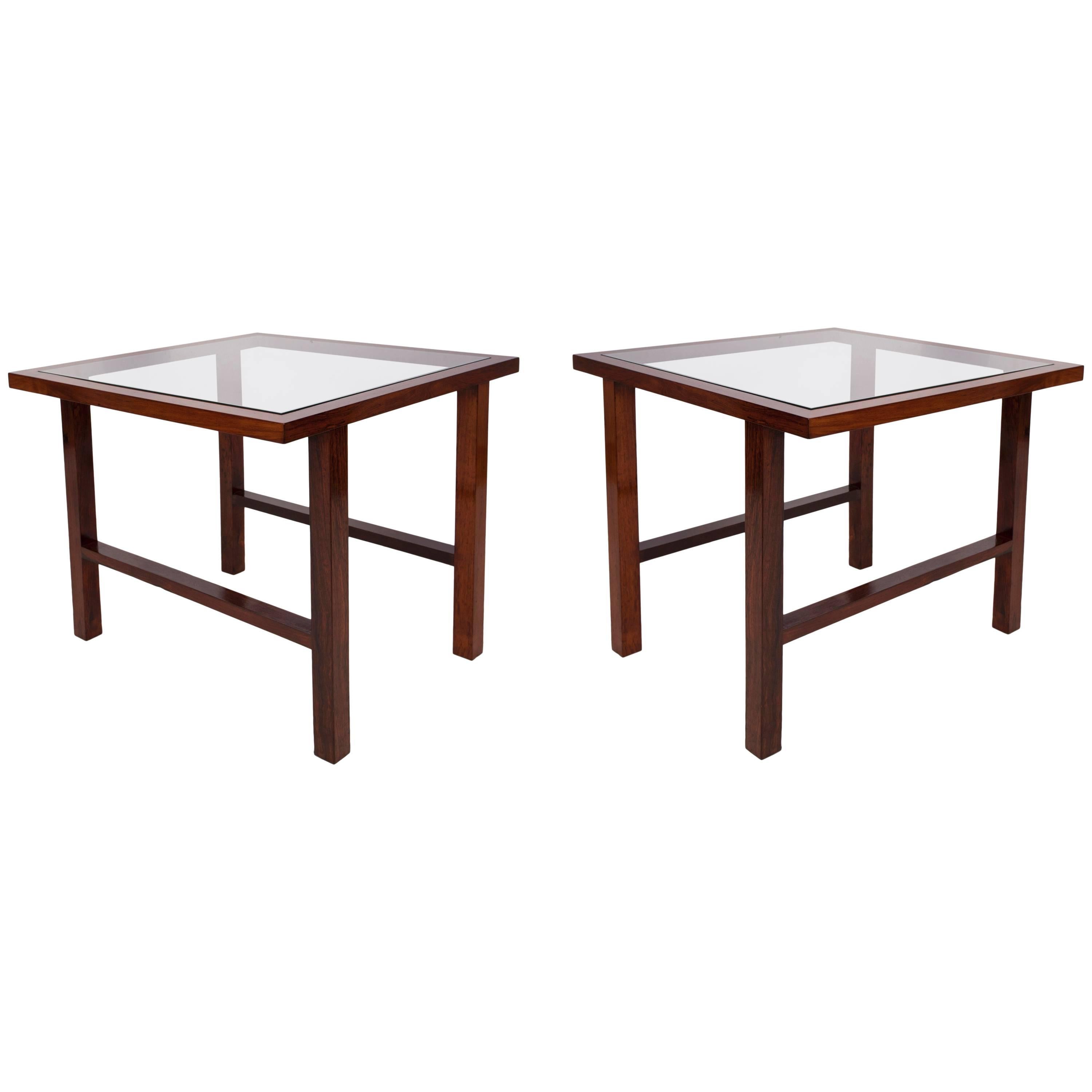 Pair of Branco & Preto Glass Top Side Tables in Caviuna