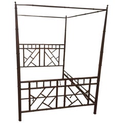 Queen Chinese Chippendale Faux Bamboo Vintage Metal Canopy Bed Chinoiserie Bed