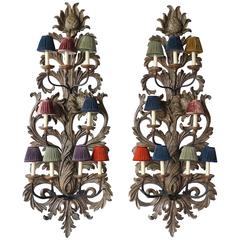 Pair of Very Large Wooden Carved Wall Lights, Italy, 1900
