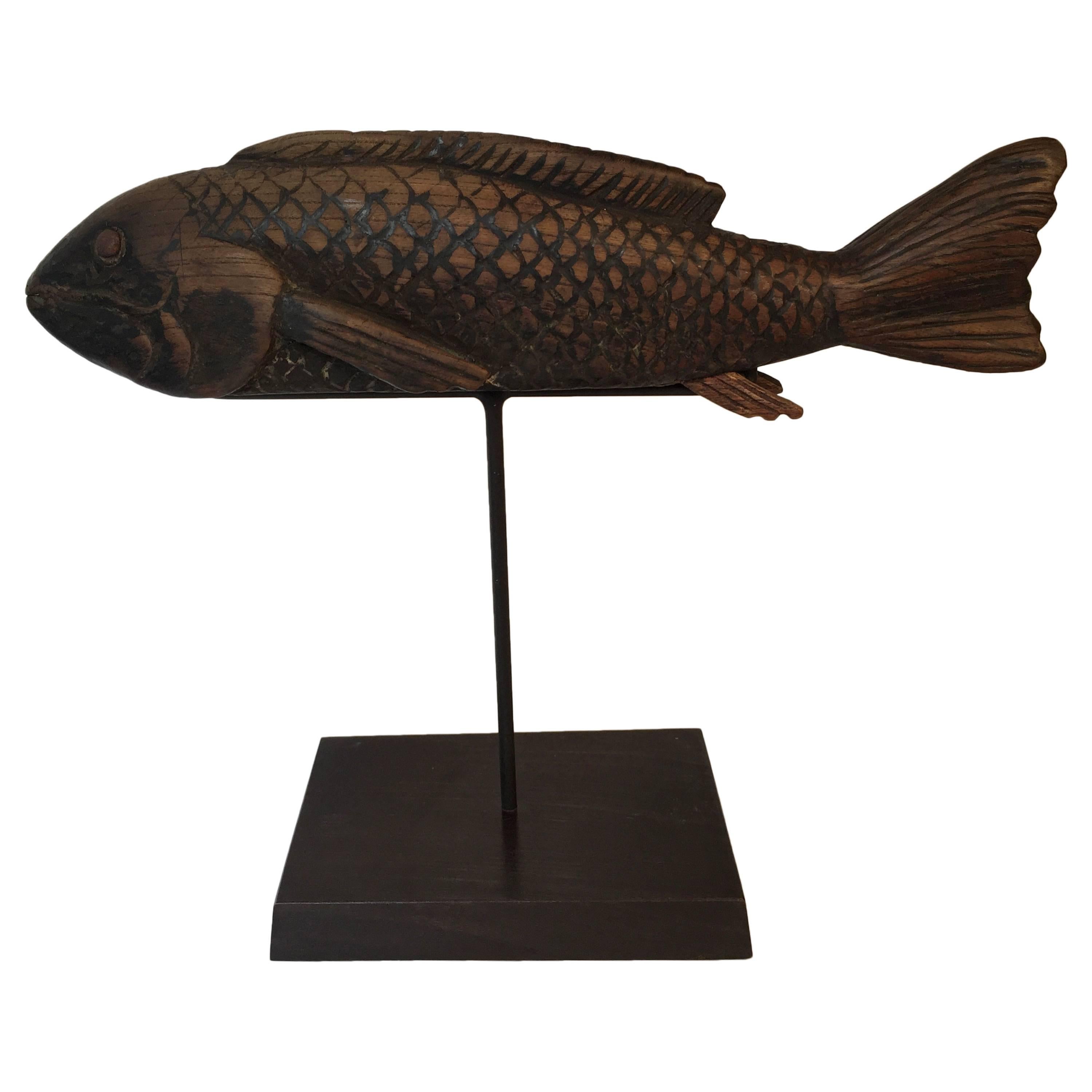 Japanese Hand-Carved Wood KOI Good Fortune Fish Sculpture, 19thc FREE SHIP