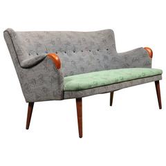1950s Danish Teak and Upholstered Small Sofa with Original Atomic Design Fabric
