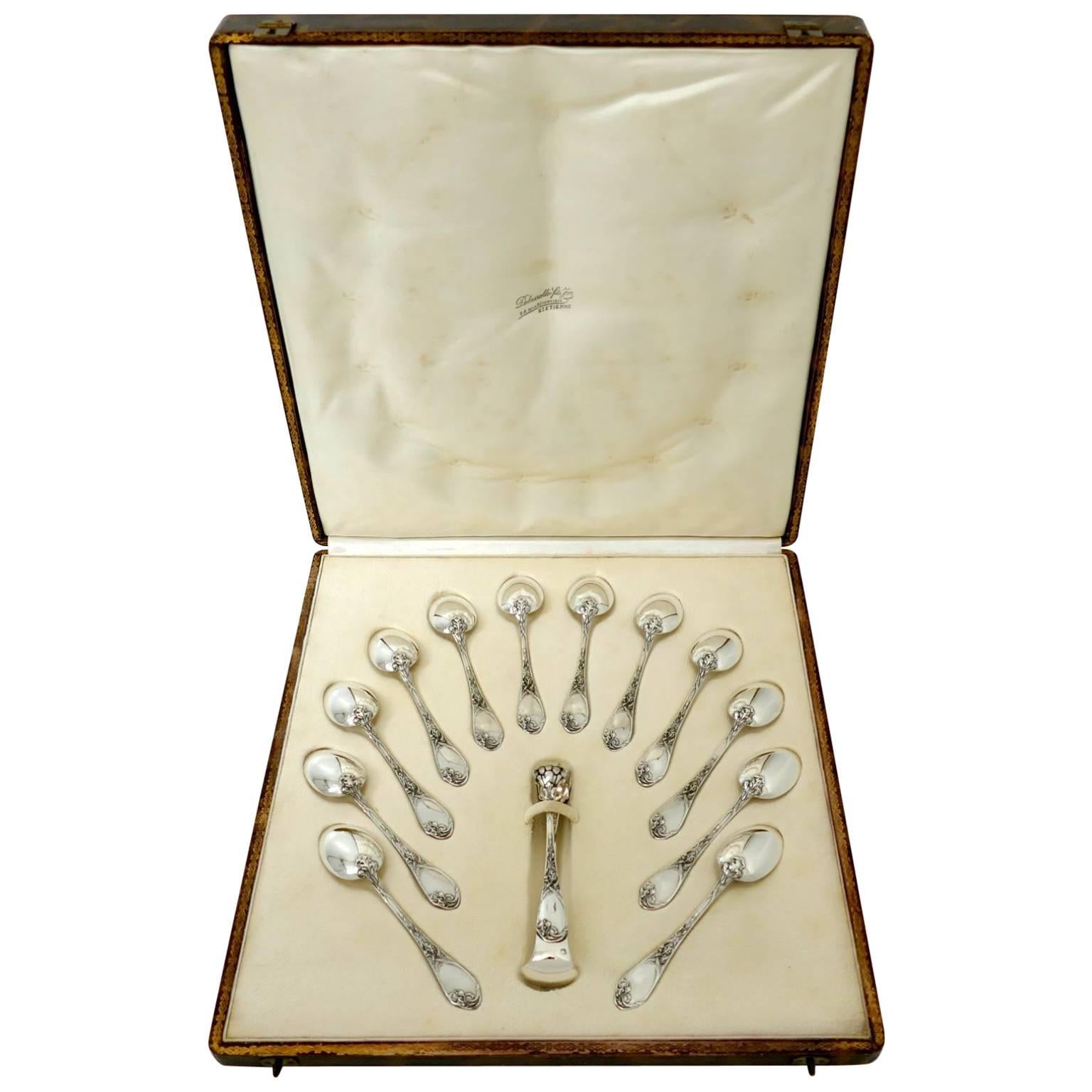 Puiforcat Rare French Sterling Silver Tea Spoons Set with Sugar Tongs, box, Iris For Sale